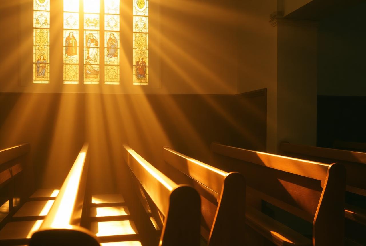 Golden light streaming through a stained glass window onto church pews