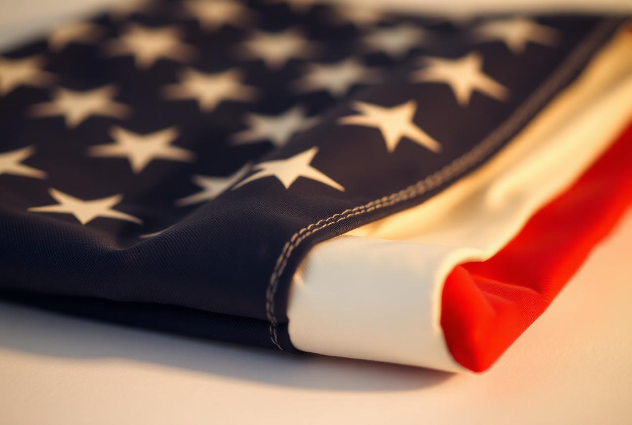 A folded American flag resting in warm golden light